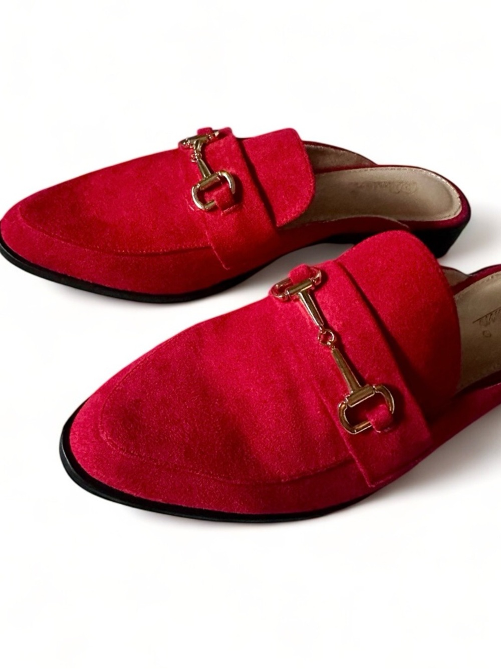 Women’s Red Suede Slip-On Mules with Gold Bit